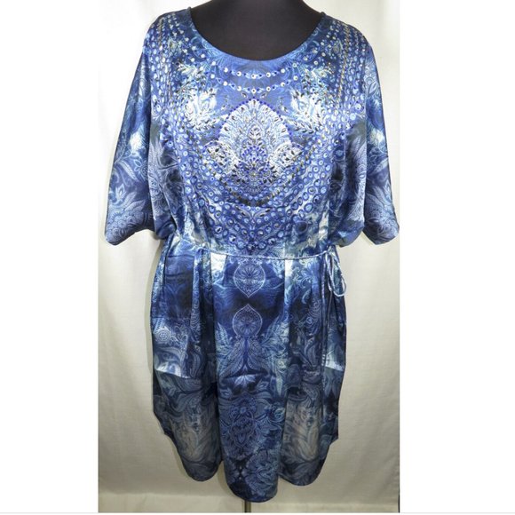 Avenue Blue Floral Beaded Tie Dye/Ombre Kaftan Style Dress, Plus Size 22-24 - Picture 2 of 8